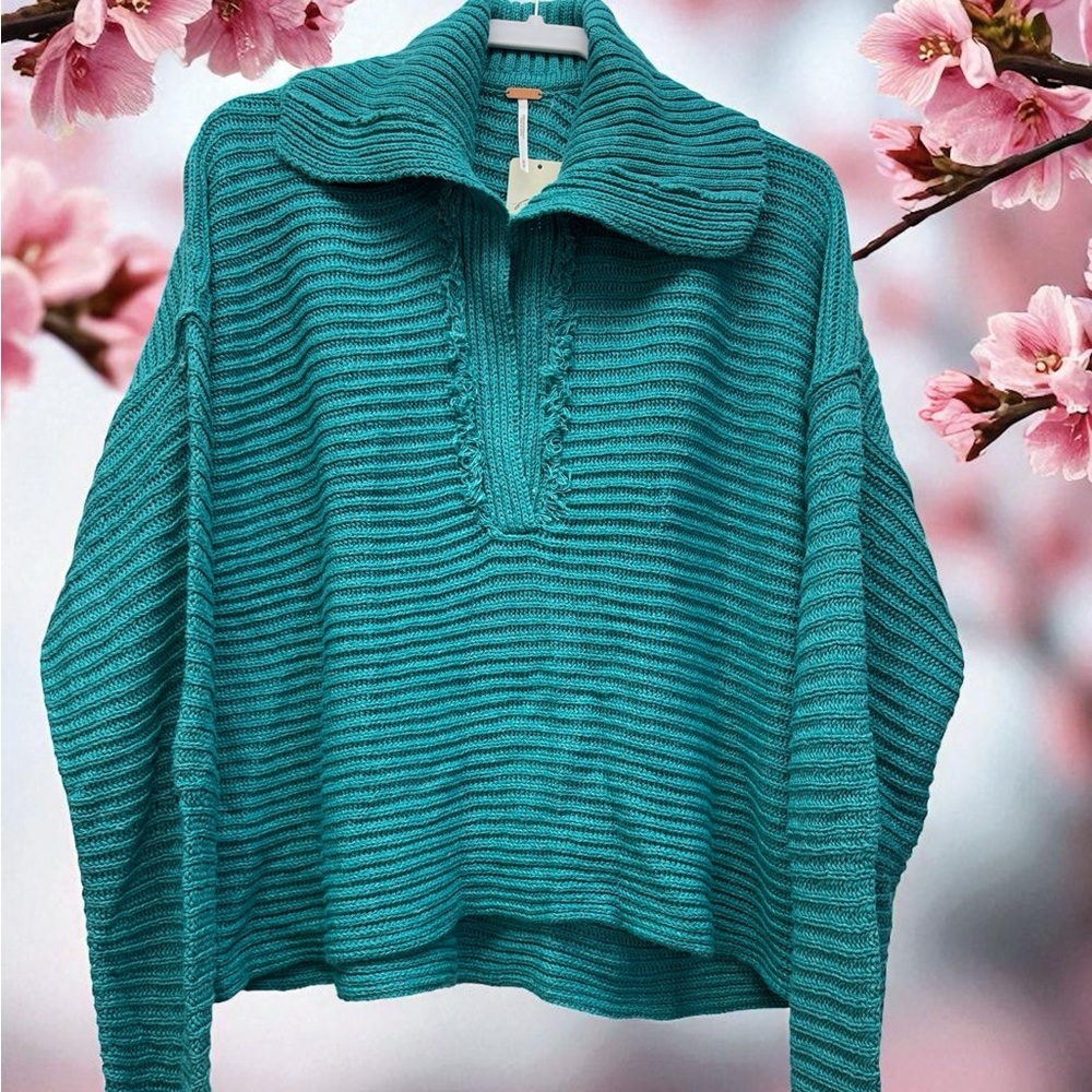 Free People Turquoise Ribbed Turtleneck Sweater